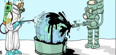 لەم كاریكاتێرەدا، كە لە لووتكەی تەشەنەسەندنی كۆرۆناوە كێشراوە