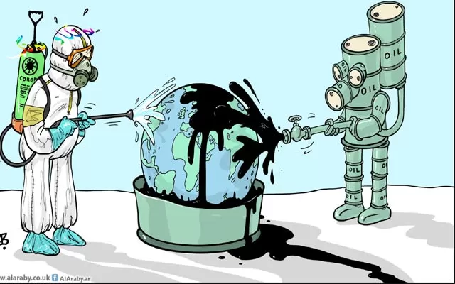 لەم كاریكاتێرەدا، كە لە لووتكەی تەشەنەسەندنی كۆرۆناوە كێشراوە