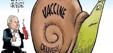 كاریكاتێرێكی سەردەمە، باس لە هاتنی ڤاكسینەكان دەكات، كە بە