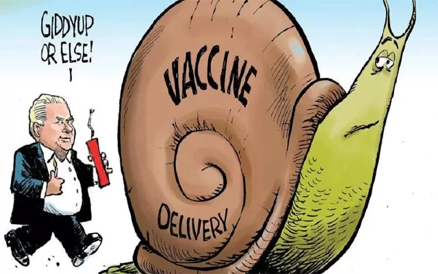 كاریكاتێرێكی سەردەمە، باس لە هاتنی ڤاكسینەكان دەكات، كە بە