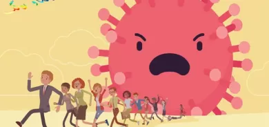 ئەم كاریكاتێرە باس لە ڕاكردنی مرۆڤ دەكات لە بەرامبەر ڤایرۆسەكان بە گشتی