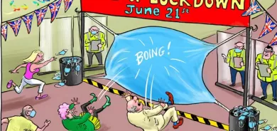 كاریكاتێرێكە باس لە كۆتایی هاتنی قەدەغەی هاتوچۆی خەڵك بەهۆی كۆرۆناوە دەكات