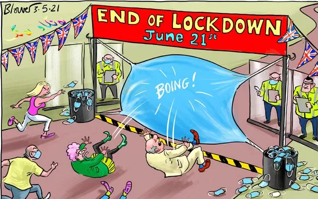 كاریكاتێرێكە باس لە كۆتایی هاتنی قەدەغەی هاتوچۆی خەڵك بەهۆی كۆرۆناوە دەكات