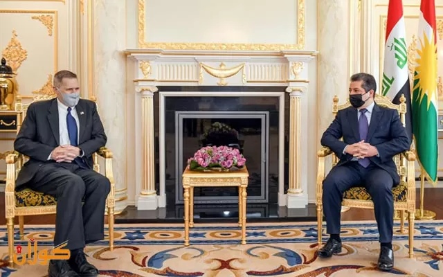 مەسرور بارزانی سەرۆکی حکومەتی هەرێمی کوردستان پێشوازی لە باڵیۆزی ئەمەریکا لە عێراق دەکات