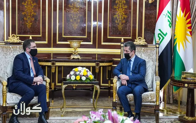 مەسرور بارزانی سەرۆکی حکومەتی هەرێمی کوردستان پێشوازی لە باڵیۆزی بەریتانیا لە عێراق دەکات