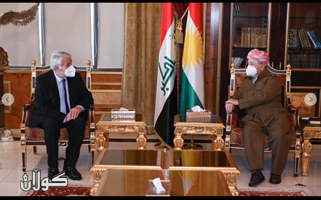 سەرۆک بارزانی پێشوازی لە جیلبێرت میتران دەکات