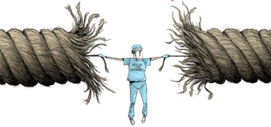 كاریكاتێر  باس لە ماندووبوونی كارمەندانی تەندروستی دەكات