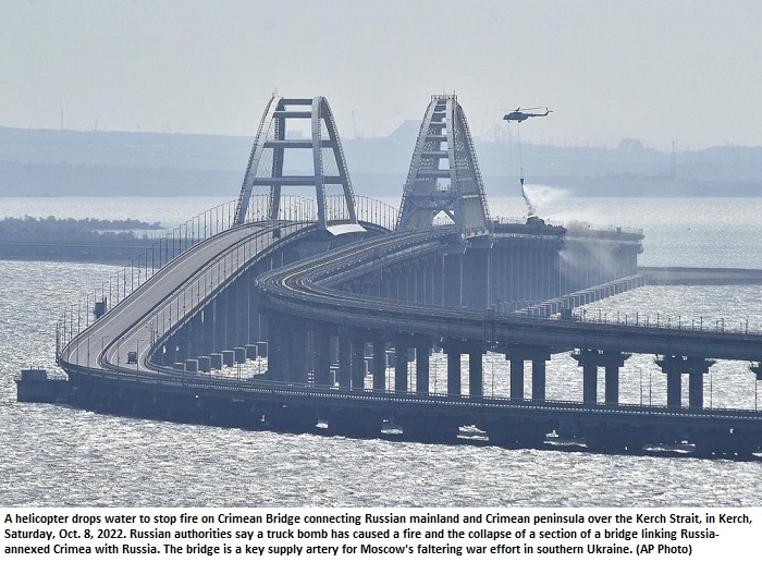 Blast hits Crimea bridge, key supply route in Russia’s war