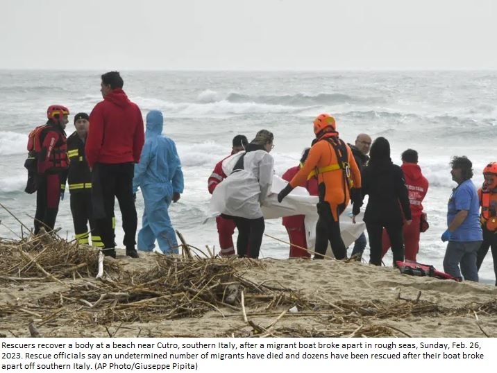Migrant boat breaks apart off Italy; 43 dead, 80 survivors