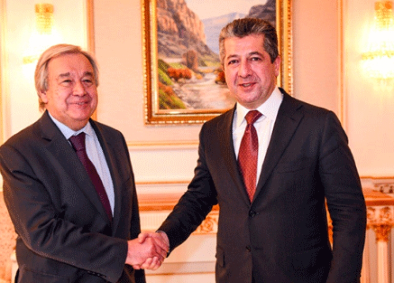 مەسرور بارزانی، سەرۆکی حکوومەتی هەرێمی کوردستان، لە شاری هەولێر پێشوازی لەئەنتۆنیۆ گۆتێرێش، سکرتێری گشتیی نەتەوە یەکگرتووەکان کرد.