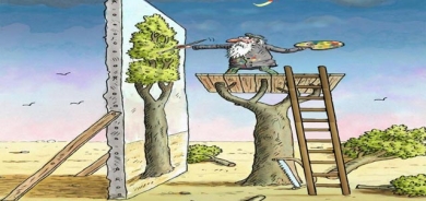 كاریكاتێر:لەم كاریكاتێرەدا، كەسێك لەسەر دارێكدا وەستاوە كە بڕواتەوە