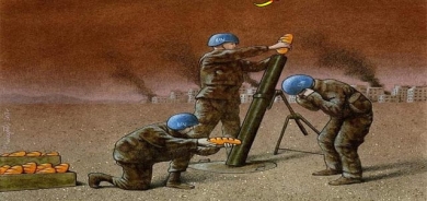 كاریكاتێر: لەم كاریكاتێرەدا كۆمەڵێك سەربازی بە بەزەیی هەوڵ دەدەن