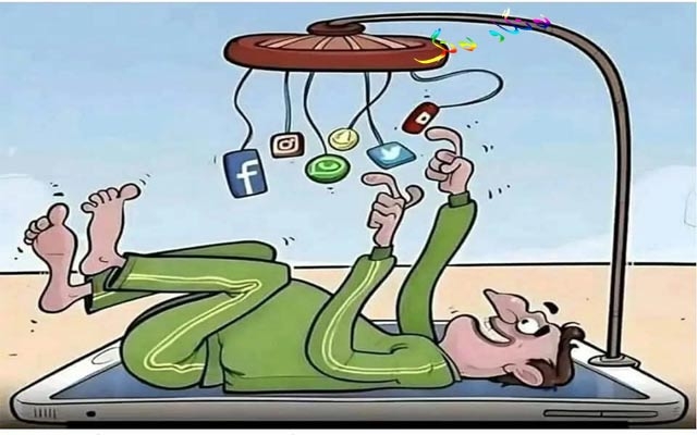 كاریكاتێر، ئەم كاریكاتێرە باس لە خەریكبوونی مرۆڤ دەكات بە سۆشیاڵ میدیایەوە