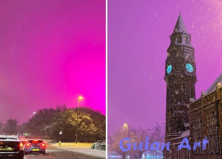 ئاسمانی شارێكی بەریتانیا ڕەنگی پەمەیی هەڵگەڕا