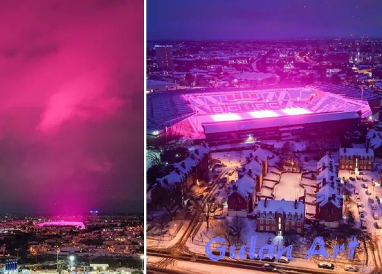 ئاسمانی شارێكی بەریتانیا ڕەنگی پەمەیی هەڵگەڕا