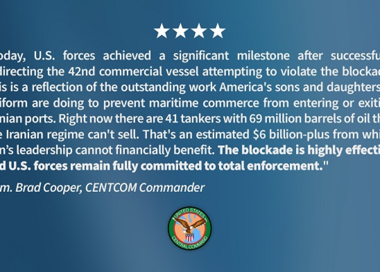 U.S. Navy Blocks 42 Vessels in Iran Maritime Operation, CENTCOM Commander Says