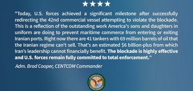 U.S. Navy Blocks 42 Vessels in Iran Maritime Operation, CENTCOM Commander Says