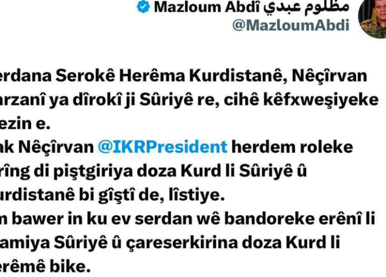 Mezlûm Ebdî: Serdan Nêçîrvan Barzanî dê bandoreke erênî li aramiya Sûriyeyê bike