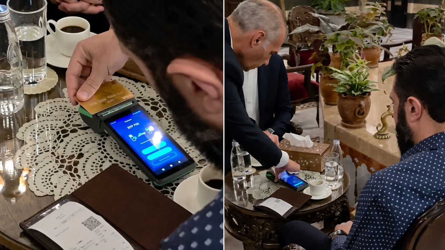 Piştî rakirina cezayan, Ehmed Şera bi 'Visa Card'ê pereyê qehweya xwe da