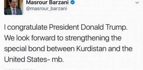 Mesrûr Barzanî pîrozbahî li Donald Trum kir