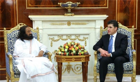 Nêçîrvan Barzanî pêşwazî li qedaseta Srî Srî Ravî Şankar kir