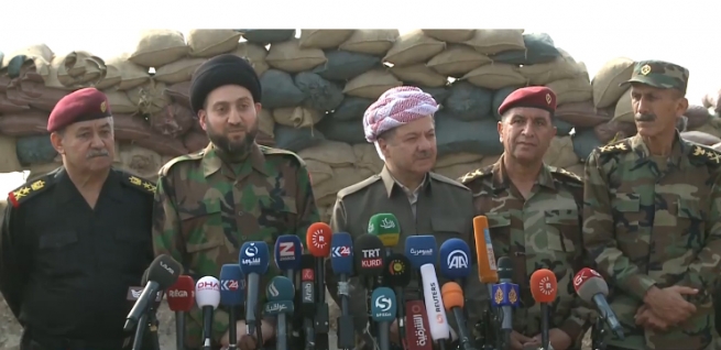 کۆنفرانسی رۆژنامەوانی سەرۆک بارزانی و عەممار حەکیم لە نزیک چیای زەرتک