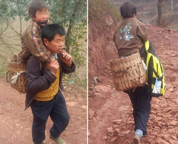 پیاوێکی چینی رۆژانه‌ 30 کم مناڵه‌که‌ی به‌کۆڵ ده‌بات بۆ خوێندنگا