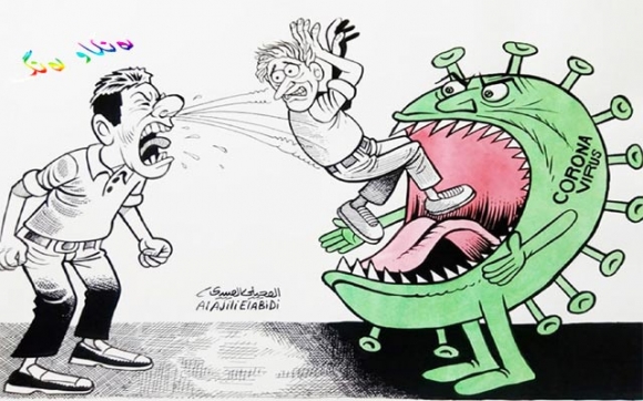 ئەم کاریکاتێرە باس له مەترسییە کانی پشمین دەکات، که کەسێک توشبوی ڤایرۆسی کۆڕۆنا بێتو لە بەرامبەرت بپشمێ ئەوا ڤایرۆسەکەت بۆدەگوازێتەوەو توشت دەکات.