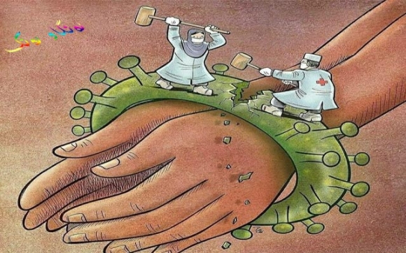 ئەم كاریكاتێرە باس لە رۆڵ وگرينگى كارمه ندو پزيشكانى ته ندروستى  ده كات له م سه رده مه دا كه  چۆن روبه روى ئه م ڤایرۆسەكوشنده يه بونه ته وه بۆرزگاركردنى گيانى خه ڵكى.