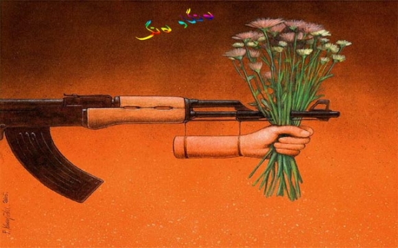 ئەو کاریکاتێرە باس لەوانە دەکات کە خۆیان وا نیشان دەدەن، گوڵ پێشکەش دەکەن، بەڵام لە راستیدا نیازێکی گلاویان هەیە و دەیانەوێت زیان بە کەسانی دەوروبەر بدەن.