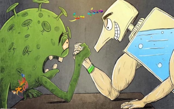 كاریكاتێرێكی سەردەمە، باس لە كێشمەكێشی نێوان ڤاكسینی دژە ڤایرۆس و ڤایرۆسی كۆرۆنا دەكات، كە یاریی دەستشانەوە دەكەن، بەپێ كاریكاتێرەكە، ڤاكسینەكە بەهێزتر دەردەكەوێت.